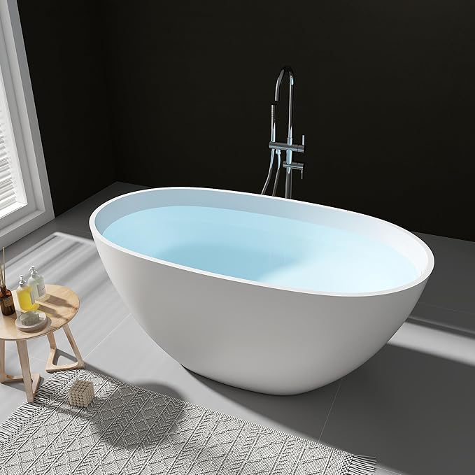 SJ STAR&JANE 51" Solid Surface Freestanding Bathtub, Stone Resin Oval Soaking Tub, Matte White，with Pop-up Drain & Overflow