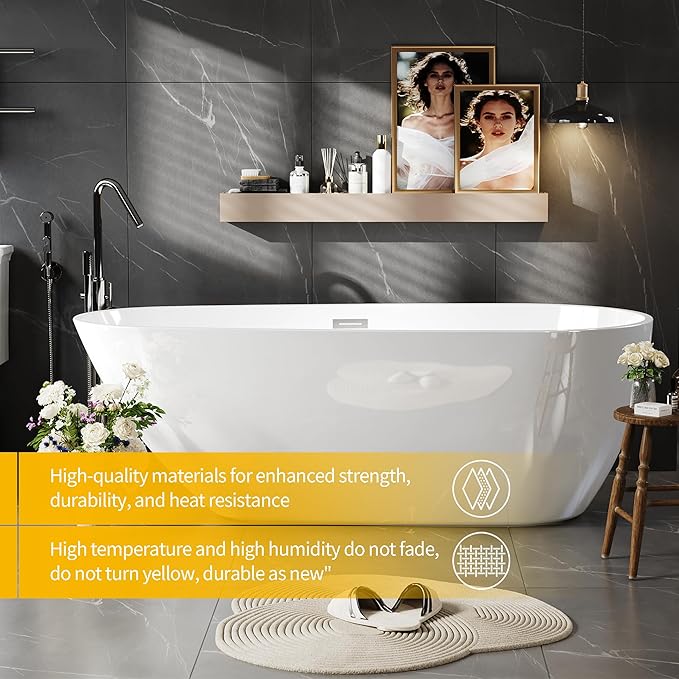 Bathtub with Upturned Ends, CUPC Chrome Drain and Overflow, White Interior and Black Exterior, Built-in Overflow, Fiber-Coated Fixing Bracket
