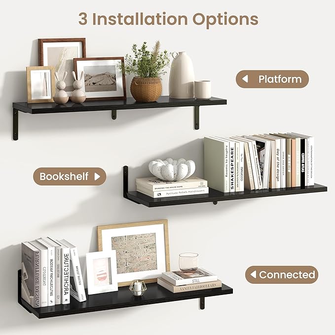 Fun Memories Deep Floating Shelves, 32W x 8D Floating Shelves Set of 2, Wall Mounted Shelf with Metal Brackets, Rustic Wood Wall Shelf for Bathroom, Kitchen and Living Room, Black