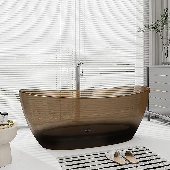 SJ STAR&JANE 65" Solid Surface Freestanding Bathtub Stone Resin Tub Oval Double Slippers Stand Alone Soaking Tub with Pop-up Drain and Overflow,Transparent Sepia