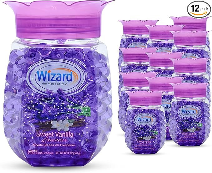 12 WIZARD Odor Eliminator Gel Beads - 12 oz, Air Freshners For Bathroom. Rooms, Per Areas and Car Freshner - Sweet Vanilla Lavender