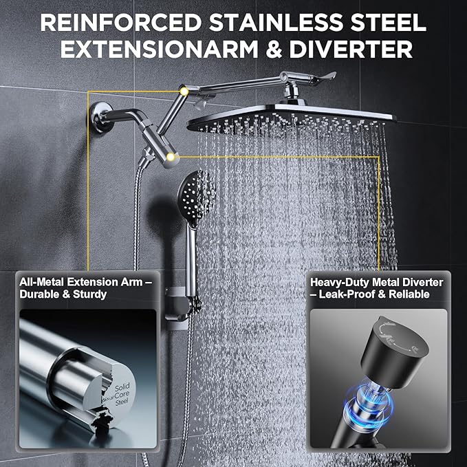 Veken 11.8" Rain Shower Head with Handheld, High Pressure Handheld Shower with Multi Spray Modes, Rainfall Combo with 15" Metal Extension Arm, Detachable Dual Shower, Bathroom Decor, Chrome Silver