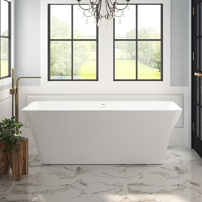 FerdY Sentosa 67" Acrylic Freestanding Bathtub, Contemporary Design Soaking Tub with Brushed Nickel Drain and Minimalist Linear Design Overflow, Easy to Install, 02560