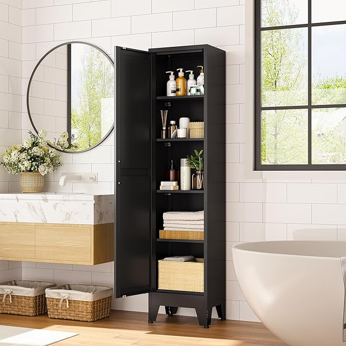 Narrow Bthroom Storage Cabinet Tall Metal Storage Cbinets with 4 Adjustable Shelves Freestanding 5 Tier Slim Pantry Cabinet for Kitchen Office Small Space
