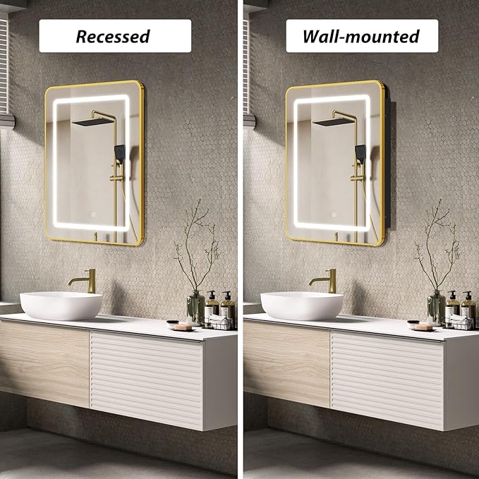 APRILSOUL 16X24 Inch Gold Bathroom Medicine Cabinet with Mirror, Recessed or Surface Lighted Medicine Cabinet with 3 Colors Temperature, Dimmable Light