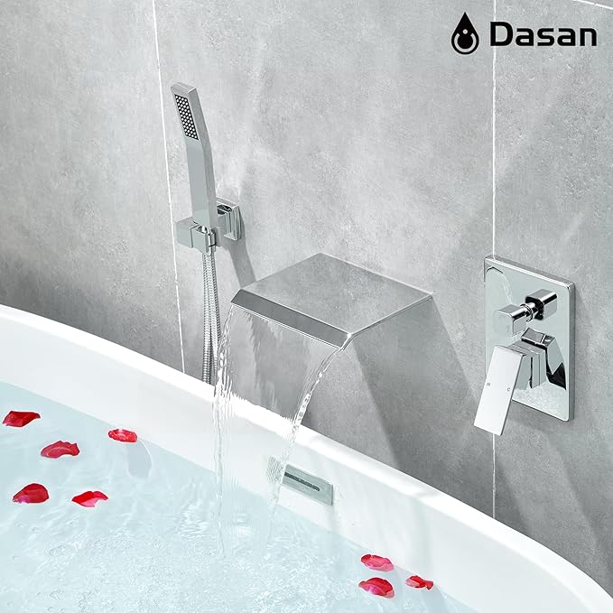 Upgraded Wall Mount Tub Filler Faucet with Handheld Shower, DASAN Modern Wall Mounted Bathtub Faucet Chrome High Flow Waterfall Tub Faucet with Rough in Valve, SA-TF04WH-PC