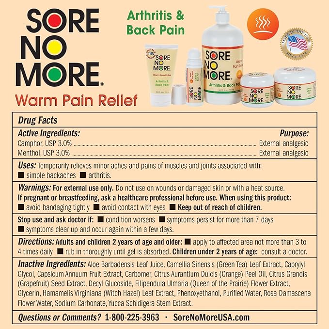Sore No More Warm Arthritis Pain Relief Cream – Targeted Reliever for Back, Neck, Hands & Feet – Soothing & Fast-Acting Formula for Aches and Pains – Non-Greasy with Orange Aroma – 4 oz