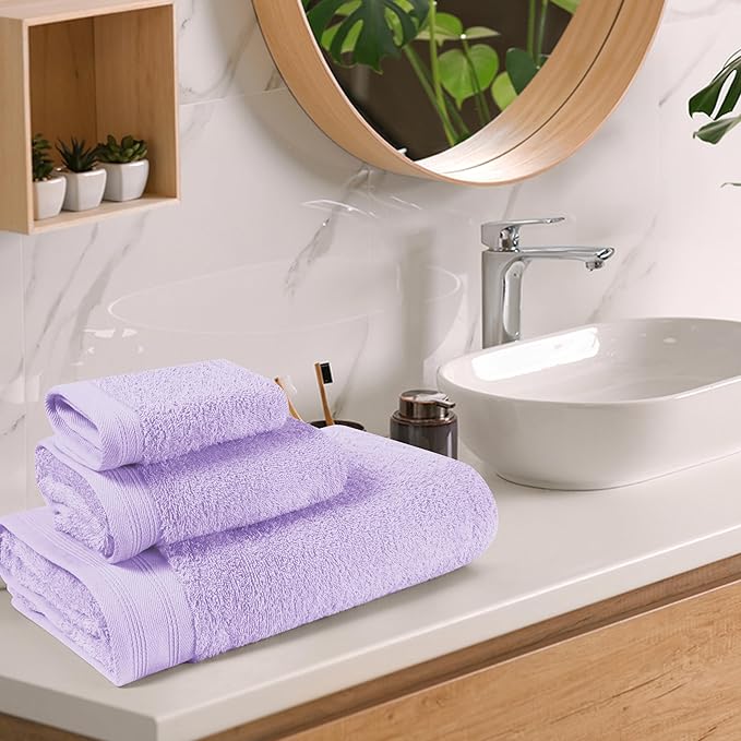 Ultra Soft 3 Pack Cotton Towel Set, Contains a Bath Towels 28x55 inch, a Hand Towels 16x24 inch & a Wash Coths 12x12 inch, Ideal Everyday use, Compact & Lightweight - Purple