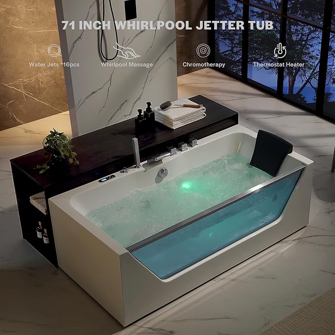 Empava Acrylic Whirlpool Bathtub, 71-Inch Jetted Bathtub with Heater, 10 Jets Hydromassage with Chromatherapy, 3-Side Apron with LED Control Panel, Waterfall & ETL Certified, Blcak Pillow
