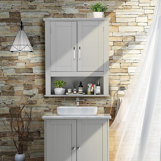 VINGLI Medecine Cabinet with 2 Doors Bathrooom Wall Cabinet Grey Over The Toilet Storage Towel Cabinet 1 Adjustable Shelf Wooden Hanging Organizer Bathroom Furniture