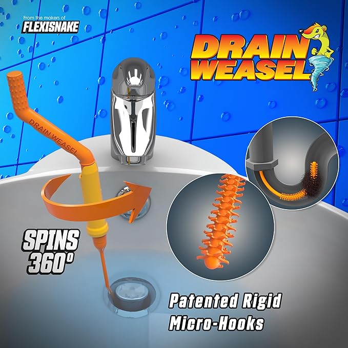 FlexiSnake Pro Drain Weasel Sink Snake Hair Clog Remover Tool, Sink, Pipe, Bathroom, Bathtub Drain Cleaner, 18-inch Long, Flexible, Made in The USA, 10 Pack Reusable Wands and Removable Handle