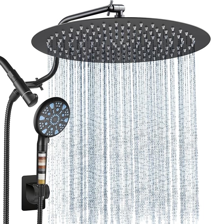 Cobbe 12 Inch All Metal Rain Shower Head, Dual Shower Heads with Handheld Spray Combo - Upgrade Extension Arm Height Adjustable - 9 Spray Filtered Shower Head, Black