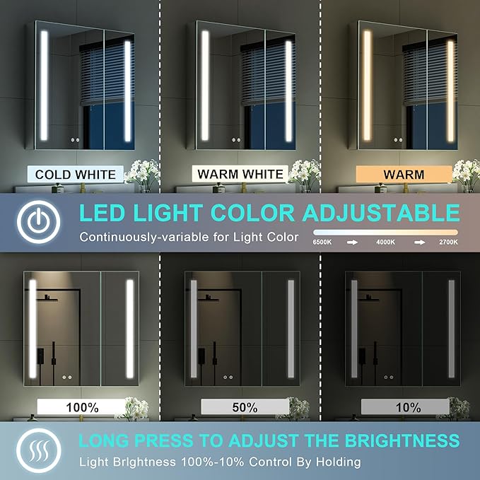 WELLFOR 30" X 30" LED Medicine Cabinet with Mirror, Double Opening Door, Recessed or Surface Cabinet Mirror, Bathroom Mirror Cabinet, Medicine Cabinet with Lights with Outlets & USB Ports