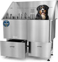 KANIS Professional Dog Washing Station - 304 Stainless Steel Pet Wash Sink & Grooming Bathtub w/Shower, Floor Grates and Storage for Large, Medium & Small Pets (50", 2 Drawers - Right Ramp)