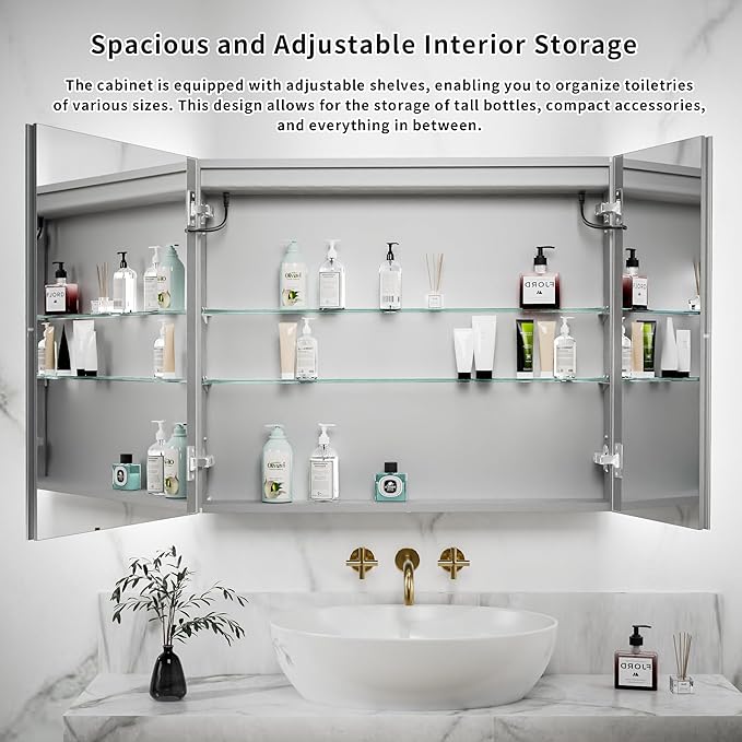GroGro LED Lighted Bathroom Medicine Cabinet with Mirror,36" W x 30" H Medicine Cabinet with Lights,Surface or Recessed Mounting,Defog,Dimming,3-Color Temperature Adjustment