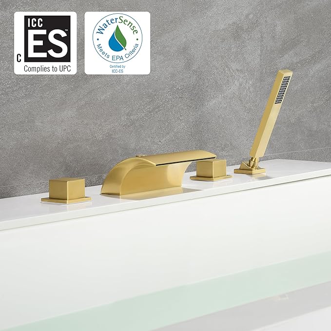 sumerain Waterfall Roman Tub Faucet with Hand Shower Brushed Gold Finish High Flow