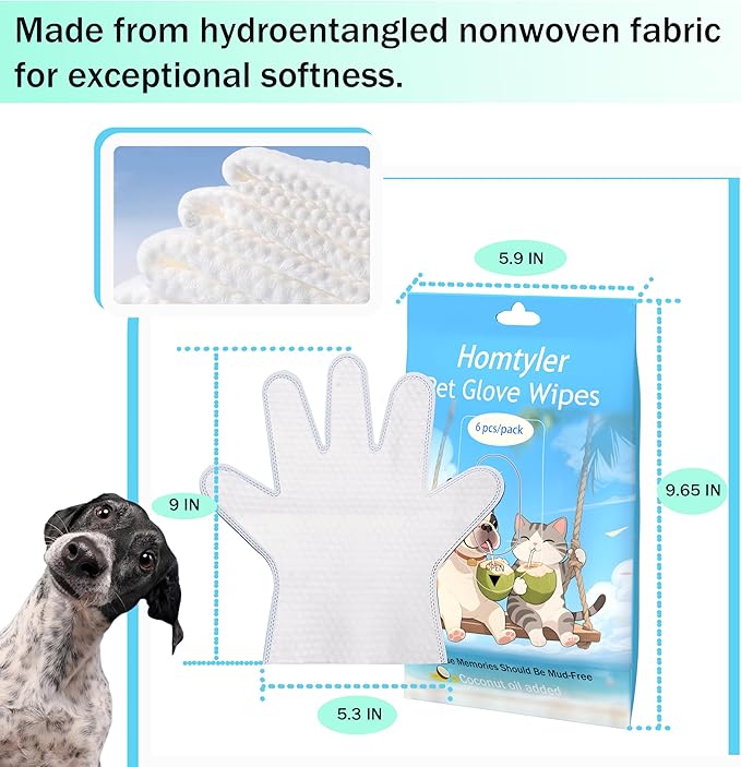 Dog Wipes Cleaning Deodorizing & Washing Gloves for Pets, Glove Wipes Pro for Dogs & Cats with Coconut Oil, Extra-Thick,Lick-Safe for Paws,Eyes,Ears&Body, Rinse-Free Waterless Bath,6PCS
