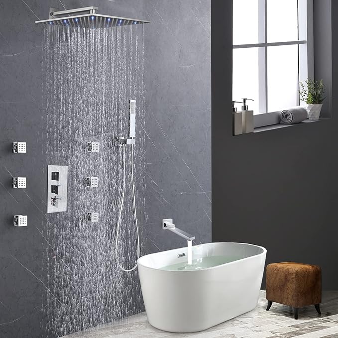 Thermostatic Shower System Chrome Shower Faucet Set 4 Way Bathtub Shower System with 12 inch LED Shower Head,6 PCS Body Jets,Tub Spout,Handheld Shower Head