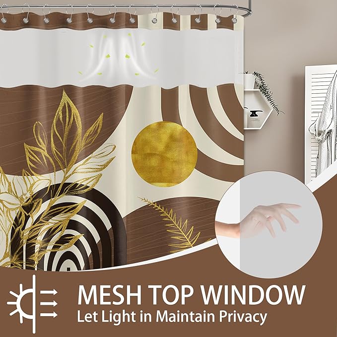 Black and Brown Bohemian See Through Mesh Top Shower Curtain with Window, Dark Tan Mens Double Layer Shower Curtains with Snap in Liner with Magnets, Waterproof Fabric with Hooks, 71x72 in