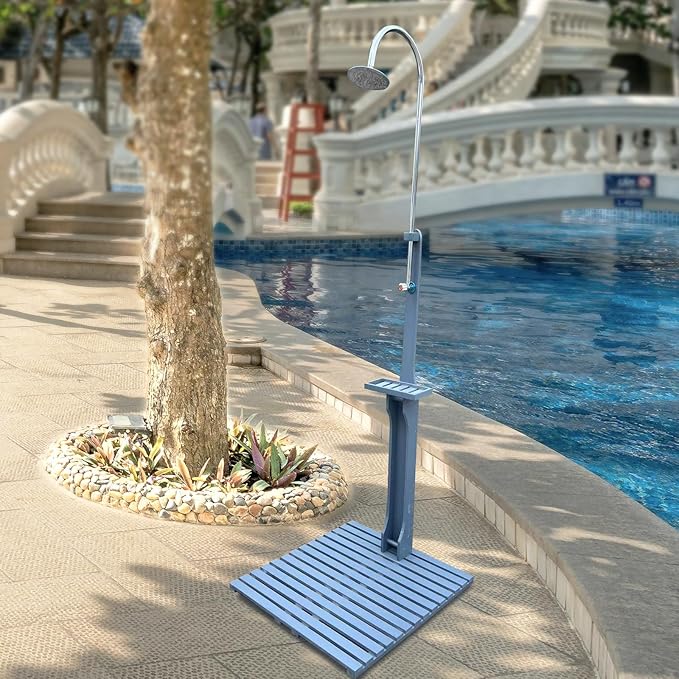 Outdoor Pool Shower Kit Portable Wood Outdoor Garden Pool Shower with Chassis Board for Outdoor Backyard Poolside Beach Spa,Gray
