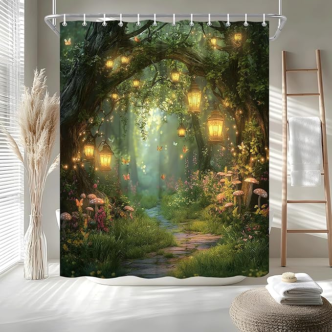 Fantasy Forest Path Shower Curtain Fairy Magical Enchanted Misty Jungle Mushroom Floral Tree Butterfly Lantern Wonderland Plant Bath Curtain Fabric Bathroom Accessories Decor with Hooks 70W x70L