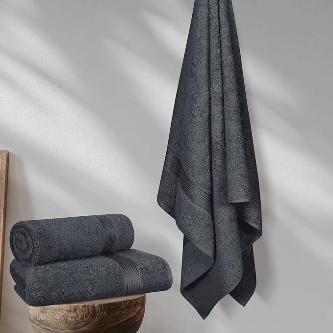 Belizzi Home Cotton 2 Pack Oversized Bath Towel Set 28x55 inches, Large Bath Towels, Ultra Absorbant Compact Quickdry & Lightweight Towel, Ideal for Gym Travel Camp Pool - Charcoal Grey