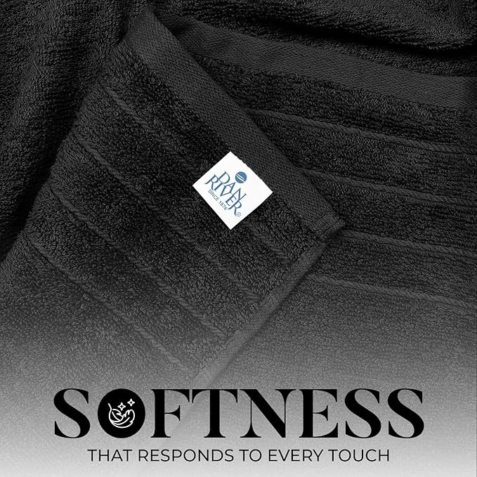 DAN River Extra Large Bath Towels Set of 4, 30 x 60 Inches - 100% Cotton Larger & Lighter Weight Towels for Bathroom - Quicker to Dry, Super Soft & Highly Absorbent Towels for Home, Black