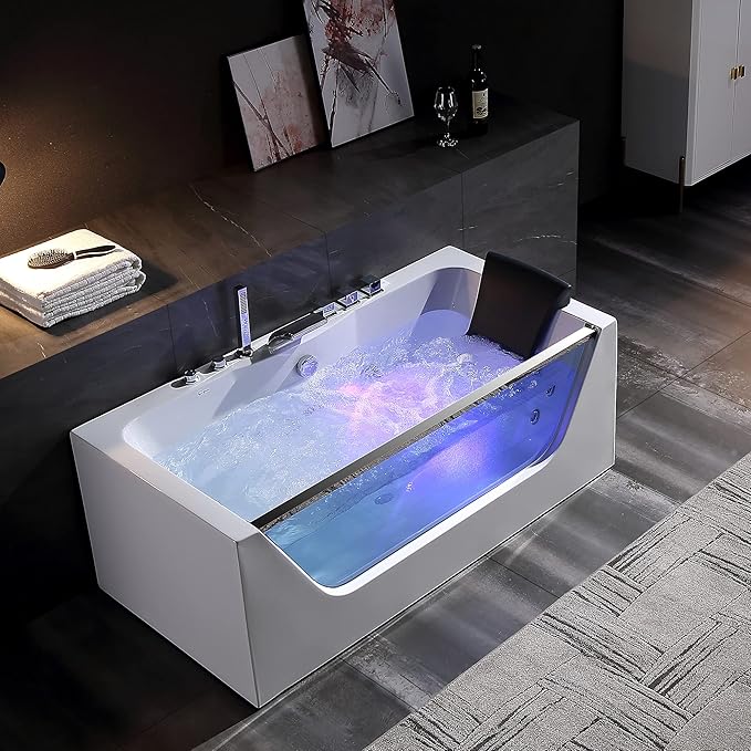 Empava 59" Acrylic Alcove Whirlpool Bathtub - 11 Jets Hydromassage with Chromatherapy, 750W, 58 Gallons, 3-Side Apron, Waterfall Faucet & ETL Certified