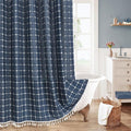 MitoVilla 72 x 84 Navy Blue Boho Extra Long Shower Curtain, Farmhouse 84 inch XL Polyester Linen Texture Tassel Fabric Shower Curtain Set with Hooks for Cottagecore Country Bathroom Decor