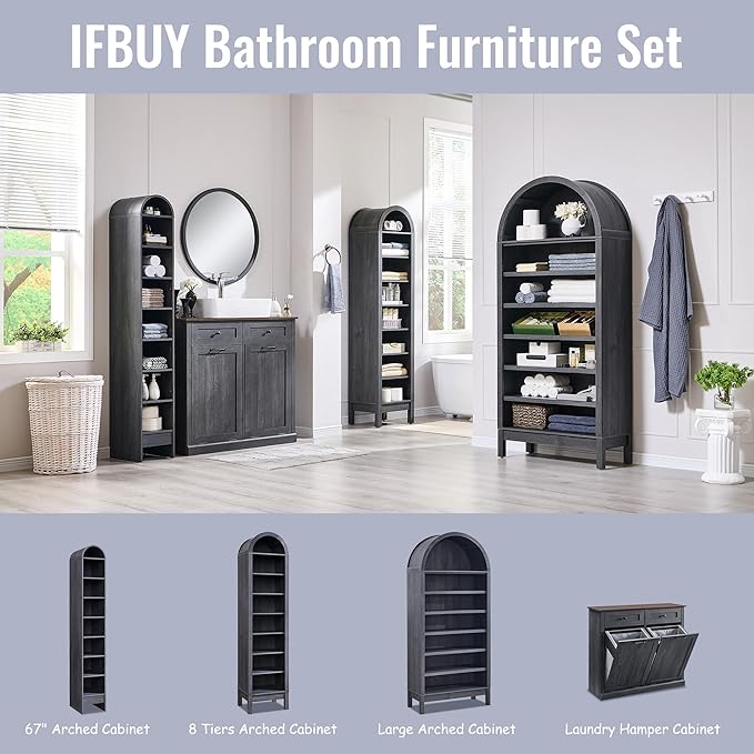 71" Tall Arched Bathroom Storage Cabinet, 7-Tier Modern Farmhouse Storage Cabinet with Adjustable Shelves, Wood Freestanding Cabinet for Bathroom, Living Room, Entryway, Hallway (Dark Grey)