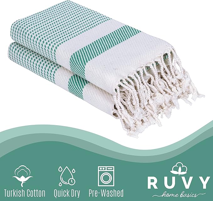 Ruvy Home Basics Turkish Hand Towels for Bathroom Set of 2 | 18"x40", Cotton | Decorative Towel for Bathroom, Kitchen, Dishcloth, Tea, Yoga, Face, Gym - Green