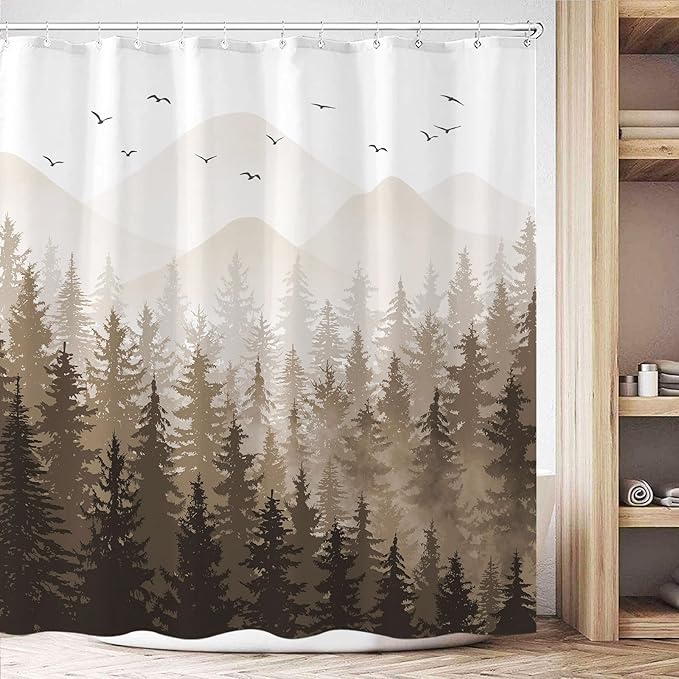 Aipon Brown Misty Forest Shower Curtain Ombre Nature Tree Plants Shower Curtains Fabric Waterproof Mountain Shower Curtain Sets for Bathroom Bath Decor with 12 Hooks (Brown, 72'' × 72'')