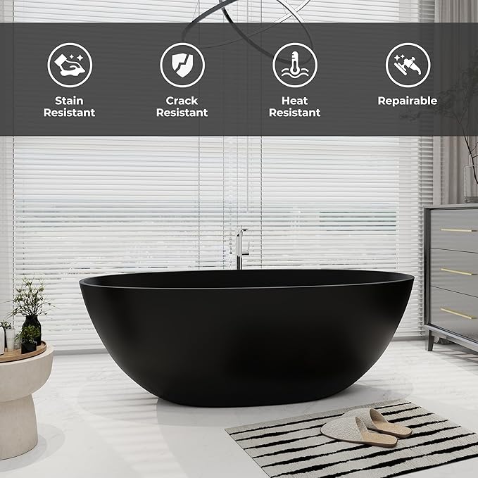 SJ STAR&JANE 65" Solid Surface Freestanding Bathtub, Oval Soaking Stone Resin Tub Stand Alone Tub with Overflow and Pop-up Drain for Bathroom Matte Black