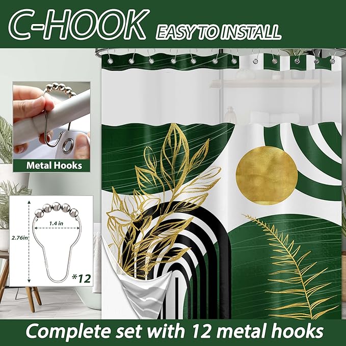 Olive Green Bohemian See Through Mesh Top Shower Curtain with Window, Emerald Green Mid Century Modern Double Layer Shower Curtains with Snap in Liner, Waterproof Fabric with Hooks, 71x 72 in