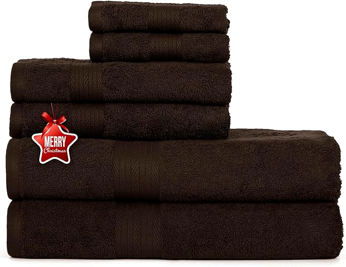Ample Decor 100% Cotton Bathroom Towels Set of 6-2 Bath Towels, 2 Hand Towels, 2 Wash Cloths, Quick Drying - Brown Towel Sets