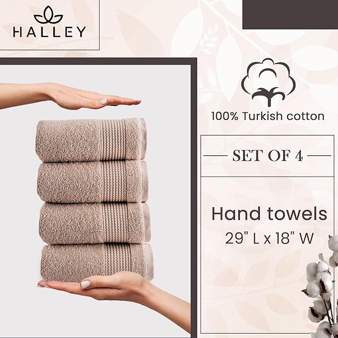 Halley Turkish Cotton Towels (4-Pack) Super Soft Quick Absorbent 100% Cotton Towels for Bathroom Kitchen 4 Pieces of Hand Towels (Taupe)