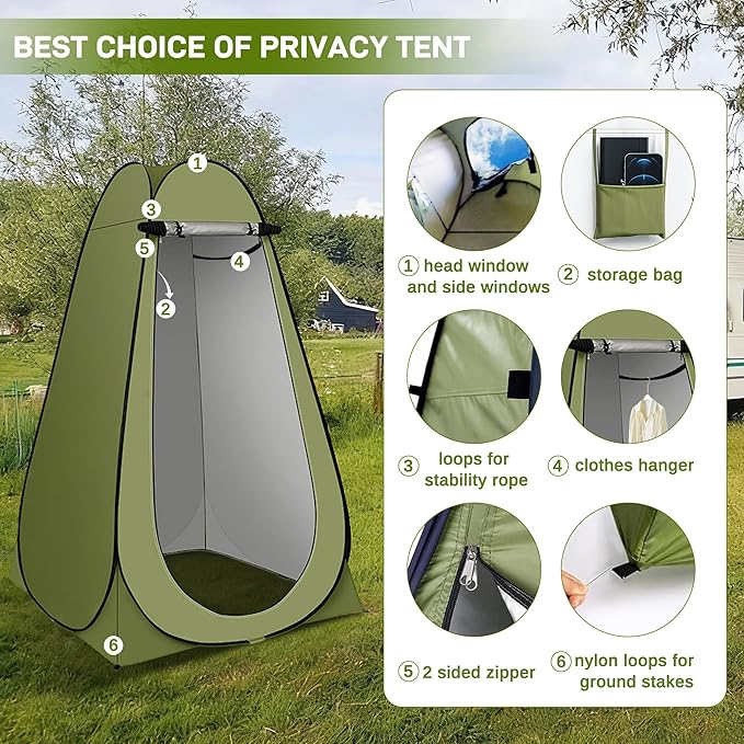 Portable Camping Shower, Pop Up Privacy Tent Kit with LED Light and Foldable Toilet, 6000mAh LCD Screen Shower Pump, Filtered Shower Heads & 5.3 Gallons Bucket, Outdoor Shower for Hiking, Travel, Car