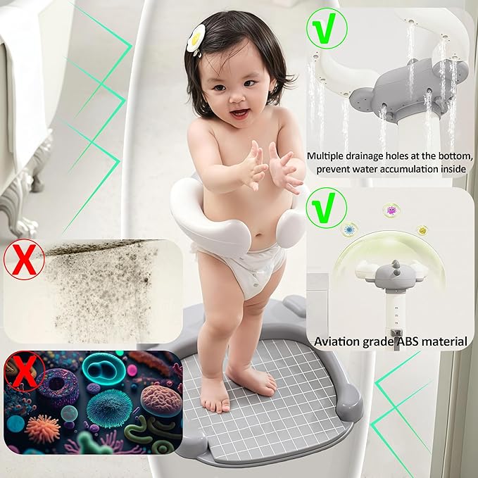 Baby Shower Stand, Baby Standing Bath with Anti-Pinch Adjustable Height and Armrest, Shower Standing Support with Anti-Slip Base and Mat for Infants 6-36 Months -Green