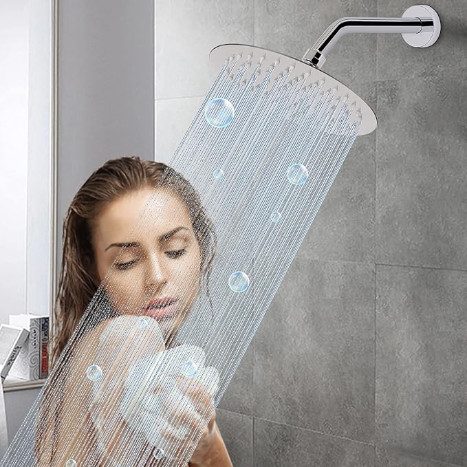 HarJue Shower Arm with Flange and Teflon Tape, Wall Mounted Shower Pipe 304 Stainless Steel Extension Arm for Fixed Shower Head & Handheld (8 Inch, Chrome)
