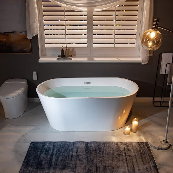 WOODBRIDGE Acrylic Freestanding Bathtub Contemporary Soaking Tub Overflow and Drain, BTA1514-C,White, 59" Chrome