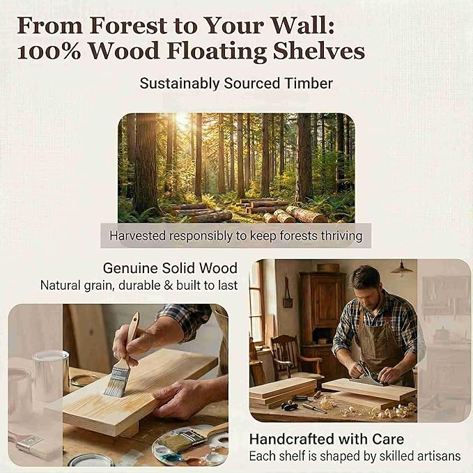 SAUMONIERES Floating Shelves Wall Shelf Solid Wood for Bathroom Bedroom Kitchen Set of 3, White Wall Shelves