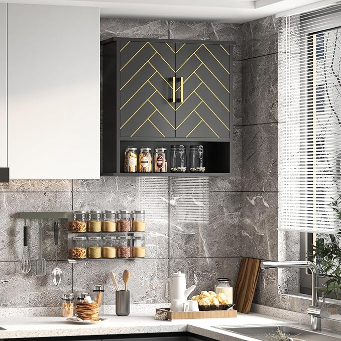 Black Chevron Pattern Bathroom Wall Cabinet, Modern Hanging Medicine Cabinet with Gold Hardware, Space-Saving Over Toilet Storage Organizer (23 5/8" x 22 7/8" x 15 3/4")