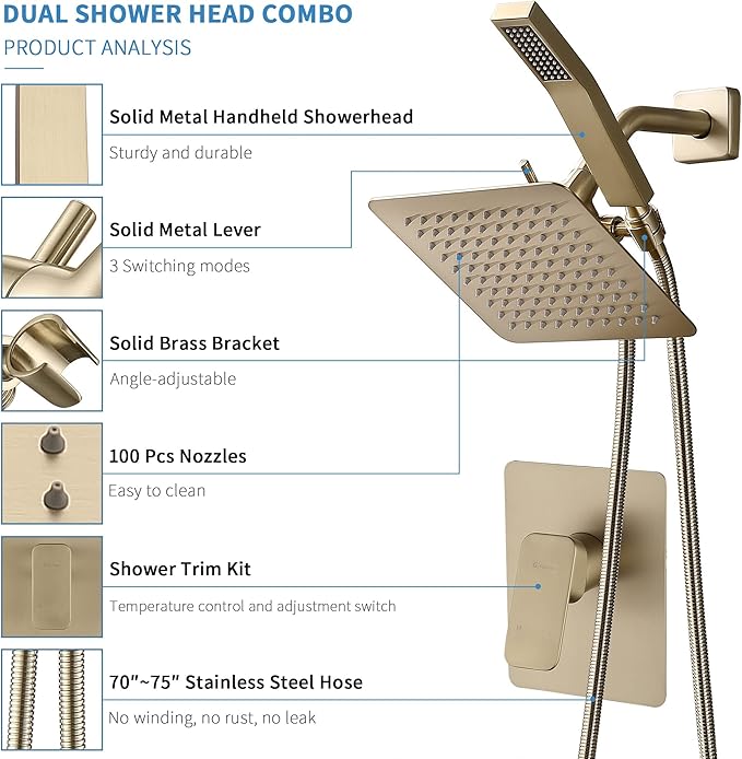 All Metal Shower Faucet Set, Dual Square Shower Head System with Handheld Wand, Diverter, Hose Complete Combo, Pressure Balance Rough-in Valve Included (Brushed Gold)