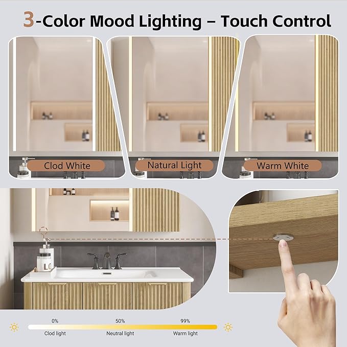 Lighted Bathroom Medicine Cabinet with Mirror，30 x 28 Inch Wall-Mounted Bathroom Wall Cabinet with Storage, LED Lights, Adjustable Shelves,Natural