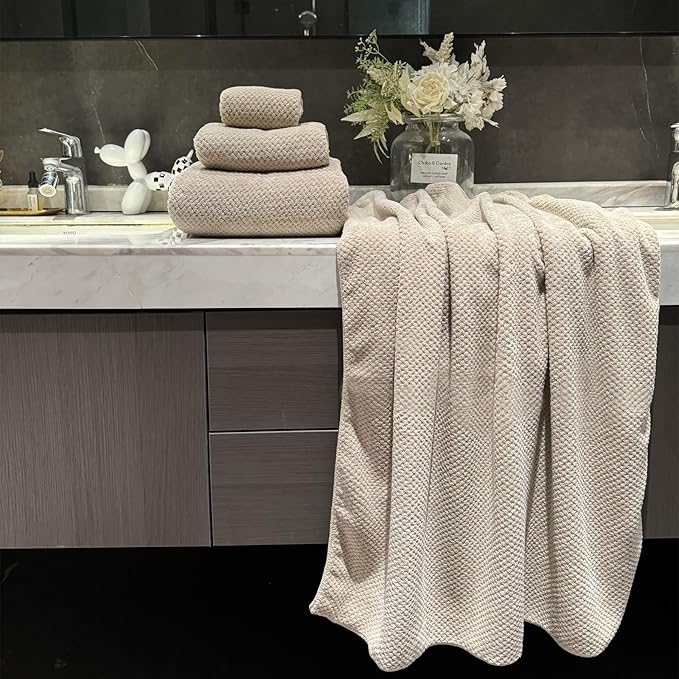 Extra Large Bath Towels Set for Bathroom 30x60 Inches Super Soft Light Weight Quick Dry Microfiber Shower Towels (Beige, 6 Piece)