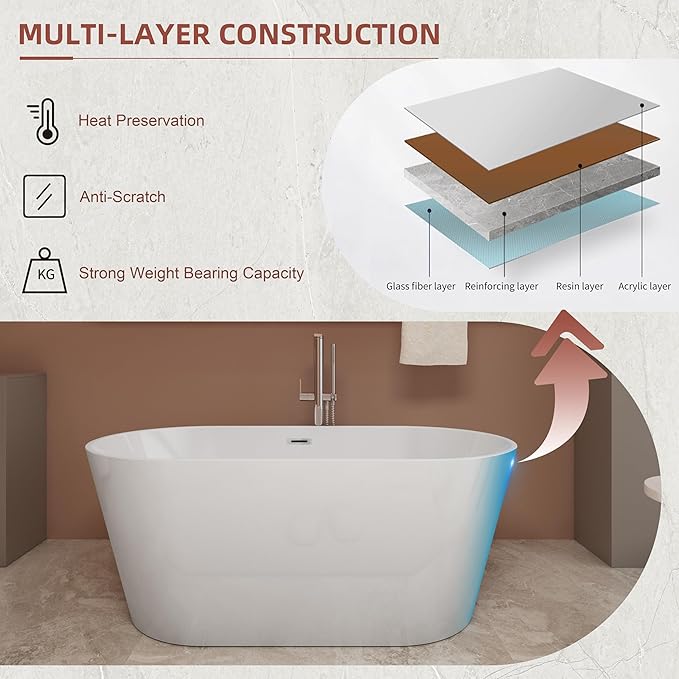 55 inch Freestanding Bathtub, Modern Soaking Stand Alone Bathtubs, Free Standing Acrylic Tub with Center Drain & Overflow, Glossy White
