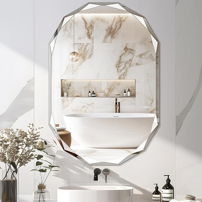 Bathroom Mirror for Wall, 26" x 38" Oval Bathroom Vanity Mirror, Beveled Edge Frameless Wall Mount Vanity, Wall Decorative Irregular Beveled Edge Mirror