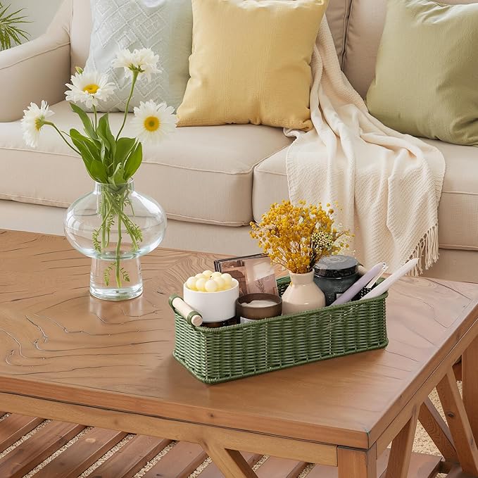 GRANNY SAYS Toilet Paper Basket for Back of Toilet, Wicker Baskets for Storage, Wicker Baskets for Shelves, Waterproof Basket Tank Topper, 14¼" x 6½" x 4¼", Green