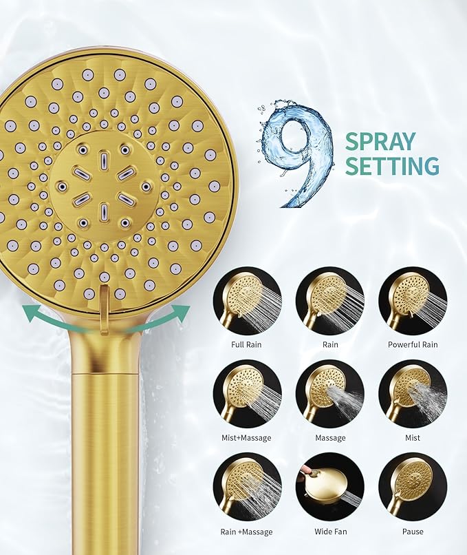 SR SUN RISE Filtered Shower Head with Handheld High Pressure 9 Spray Mode Showerhead Detachable Shower Head Water Softener Filters Beads for Hard Water Remove Chlorine 4 Filters Brushed Gold