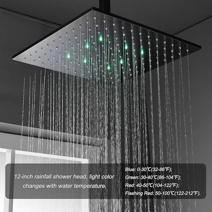 Oil Rubbed Bronze Thermostatic Shower System 4 Way Full Body Shower System with Tub Spout, Luxury 12 inch Ceiling Mounted LED Rain Shower Head, Handhled Spray and 6 PCS Body Jet